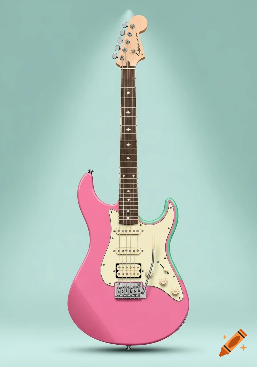 A vibrant pink electric guitar with a mint green trim and off-white pickguard stands against a light blue background.