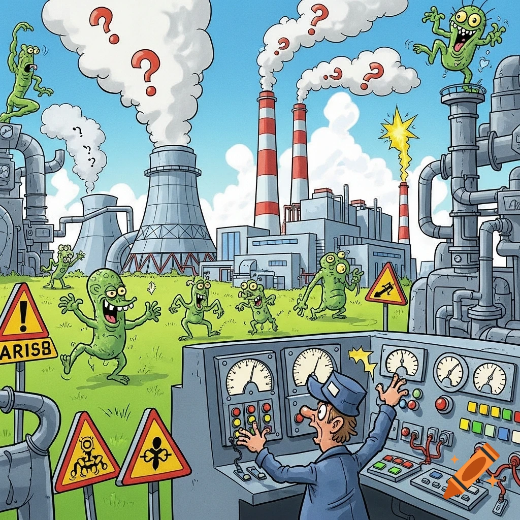 A satirical cartoon showing green, bug-eyed mutants emerging from a field next to a smoking nuclear power plant, while a panicked worker looks at a control panel.