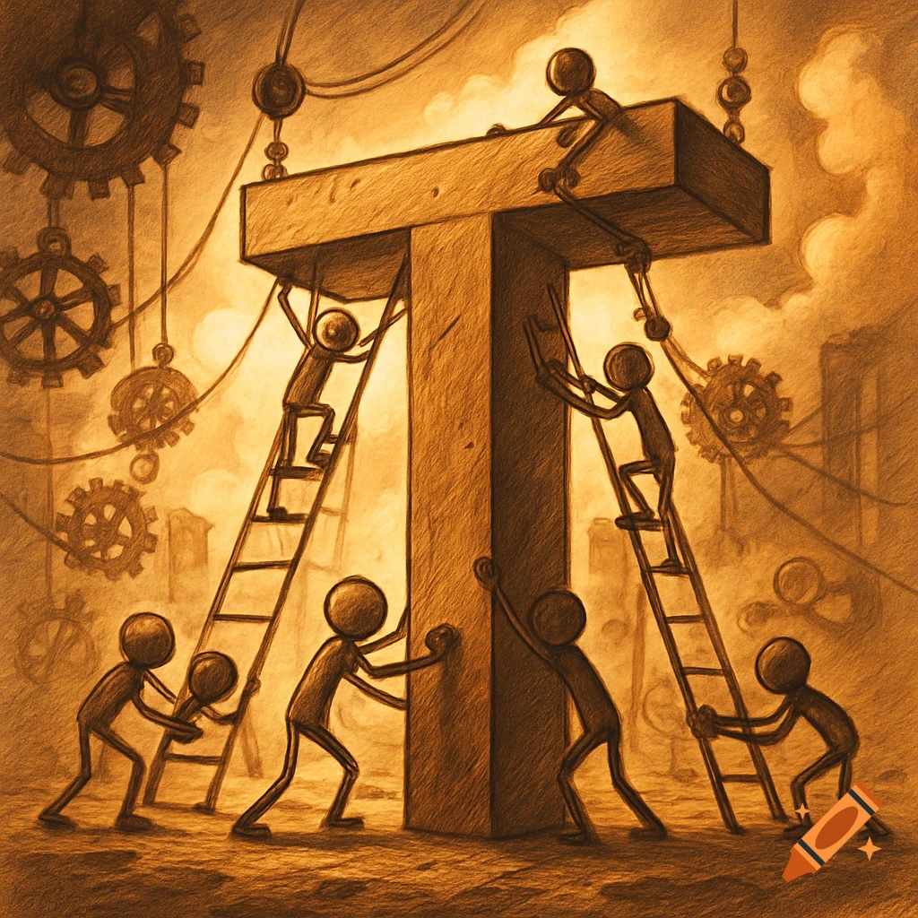 Sepia-toned drawing of stick figures working together to construct a large letter 'T' amidst industrial gears.