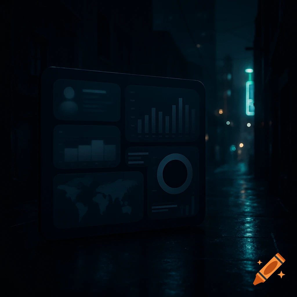 Photorealistic digital dashboard with charts and a map glows neon blue in a dark, wet urban alley at night.
