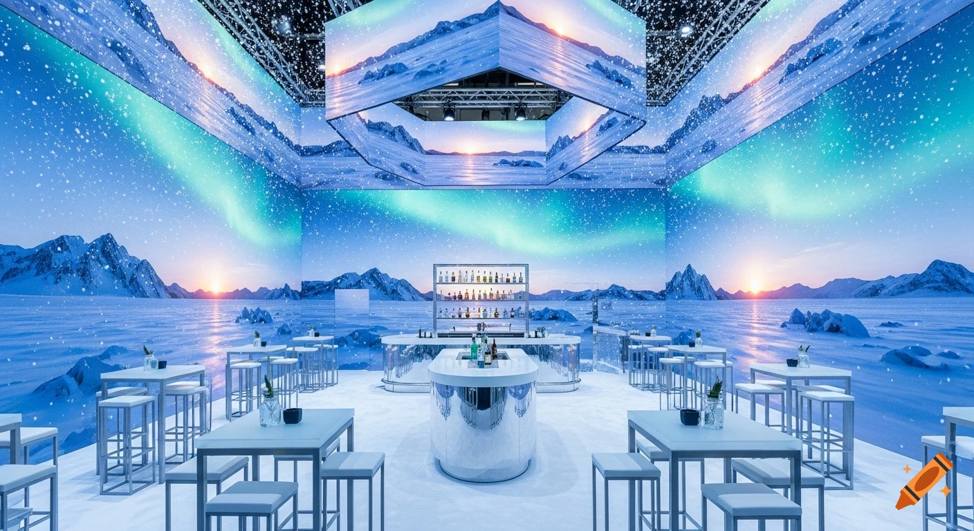 An immersive trade fair stand designed as a winter landscape with screens displaying snowy mountains, an aurora, and a sunset. Features a central bar and high tables with stools.