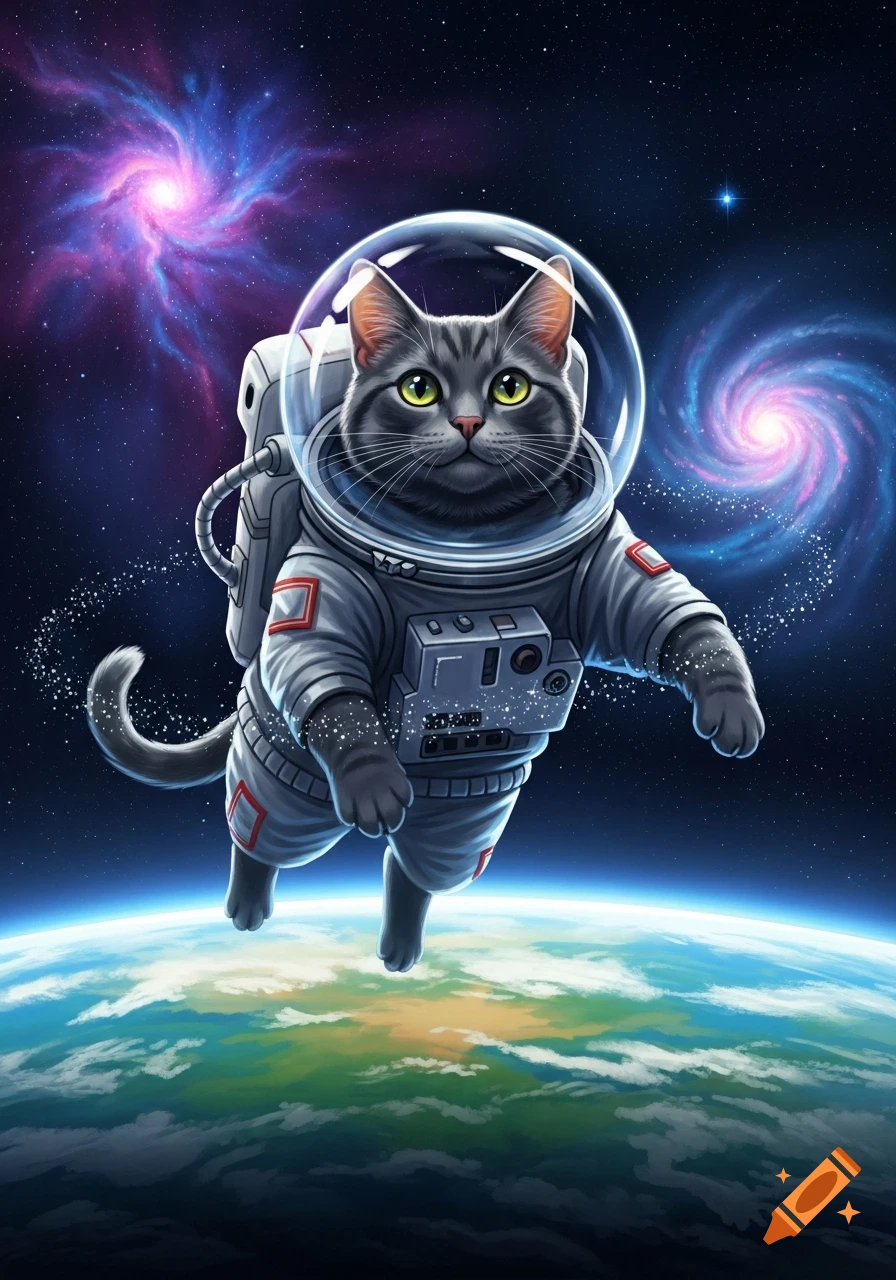 A grey tabby cat in an astronaut suit floats in space above Earth, with colorful galaxies.
