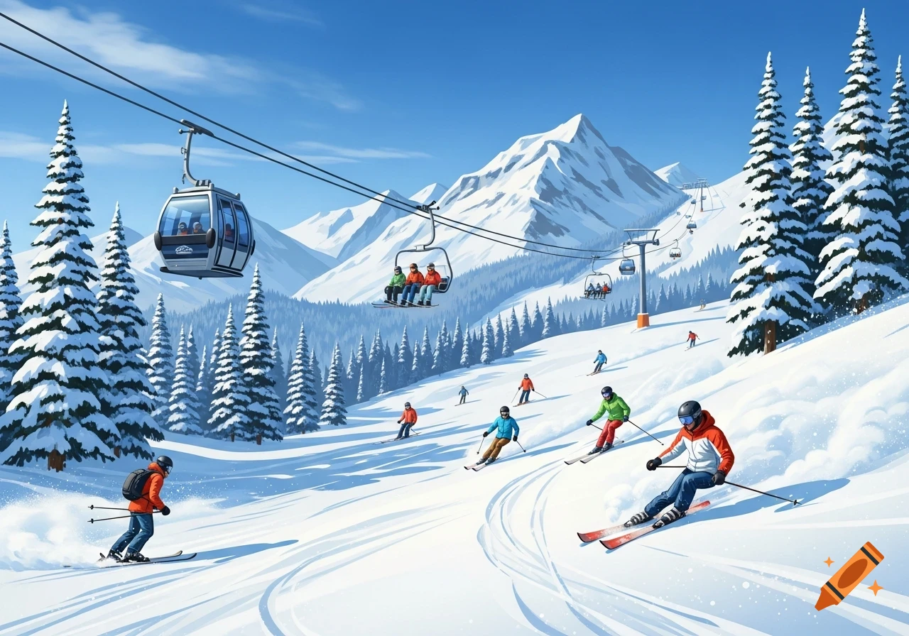 Vibrant illustration of a snowy ski resort with skiers on slopes, gondolas, chairlifts, and snow-covered pine trees.