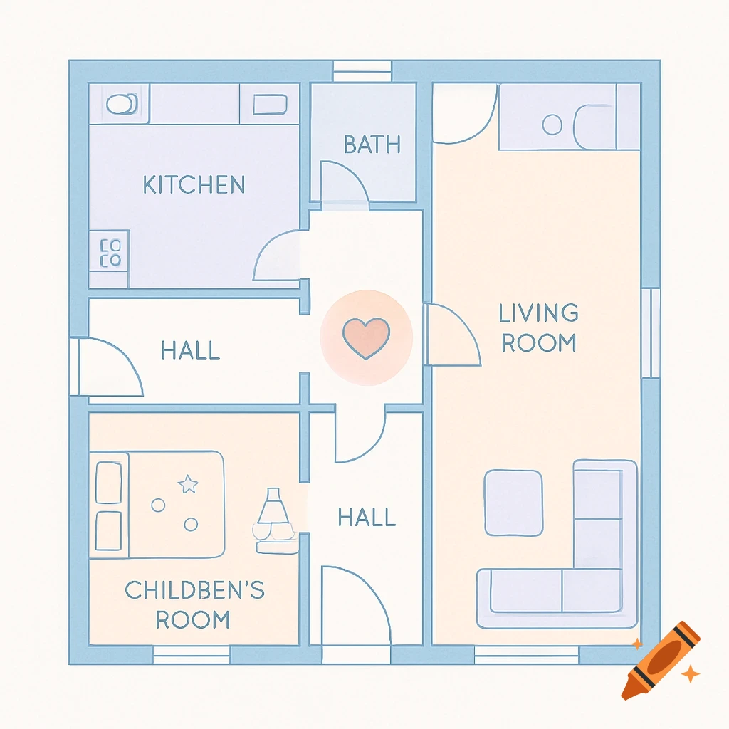 Stylized blue and orange floor plan showing kitchen, bath, living room, children's room, and hall, with a central heart symbol.