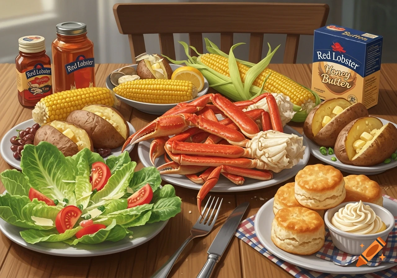 A table laden with a seafood meal: crab legs, corn on the cob, baked potatoes, a green salad with tomatoes, biscuits, and Red Lobster brand sauces and honey butter.