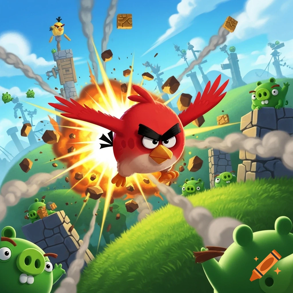 Red Angry Bird flies through an explosion with debris, as green pigs react in a vibrant cartoon landscape.