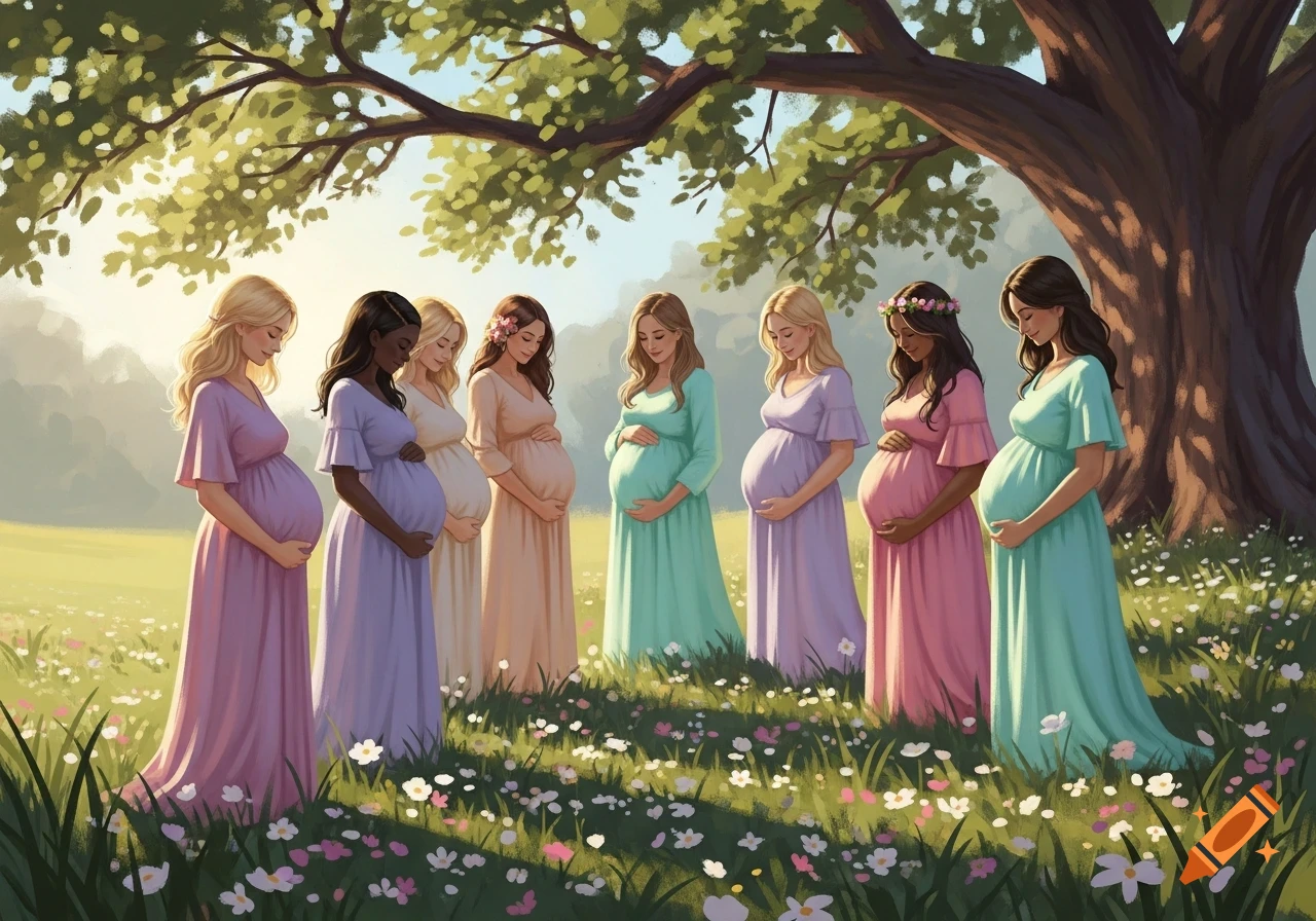 Seven pregnant women in flowing pastel dresses stand in a meadow of wildflowers under a large tree.