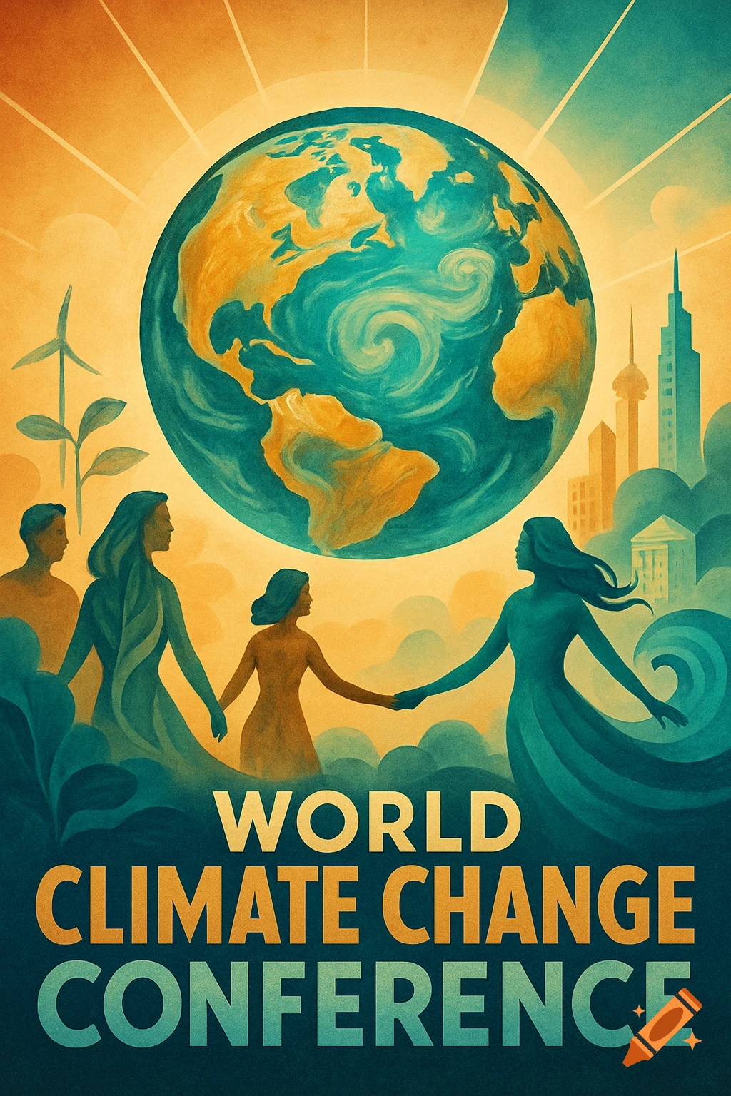 Stylized poster for a World Climate Change Conference, featuring Earth, people, city skyline, and a wind turbine.