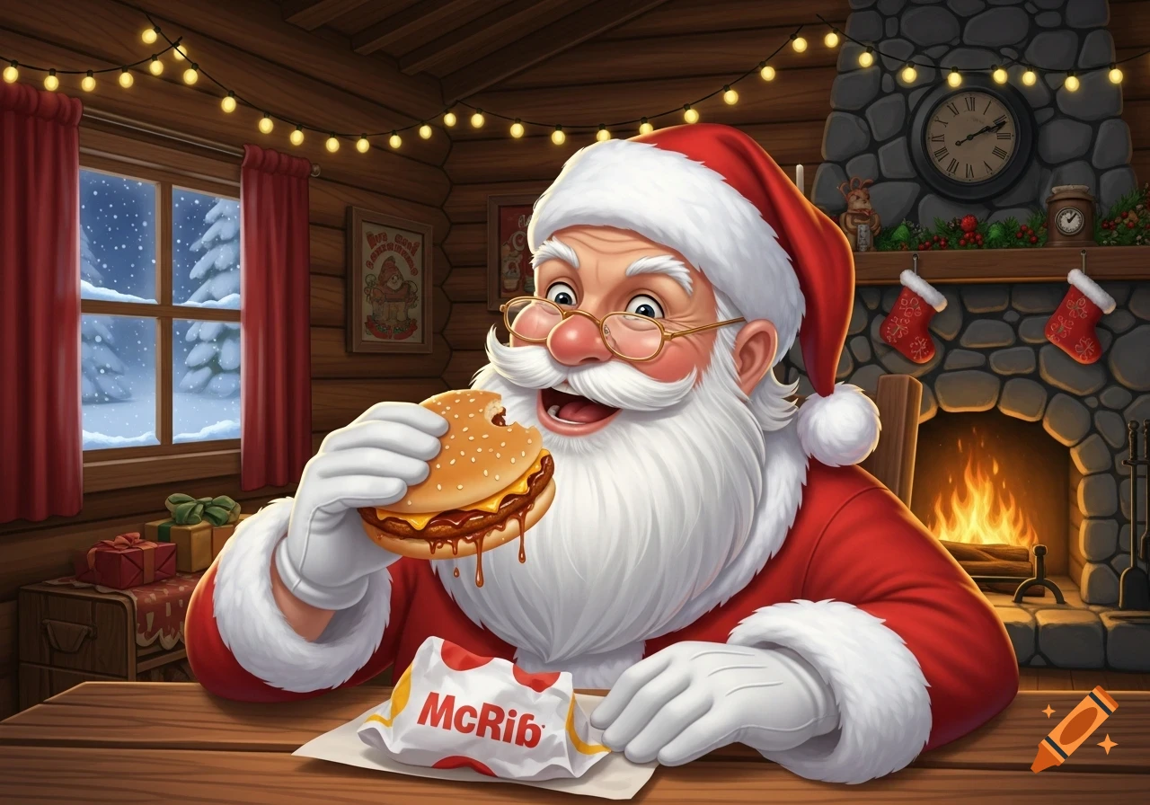Cartoon Santa Claus happily eating a burger with a wrapper reading 'McRi6' in a festive log cabin with a fireplace and snowy window.