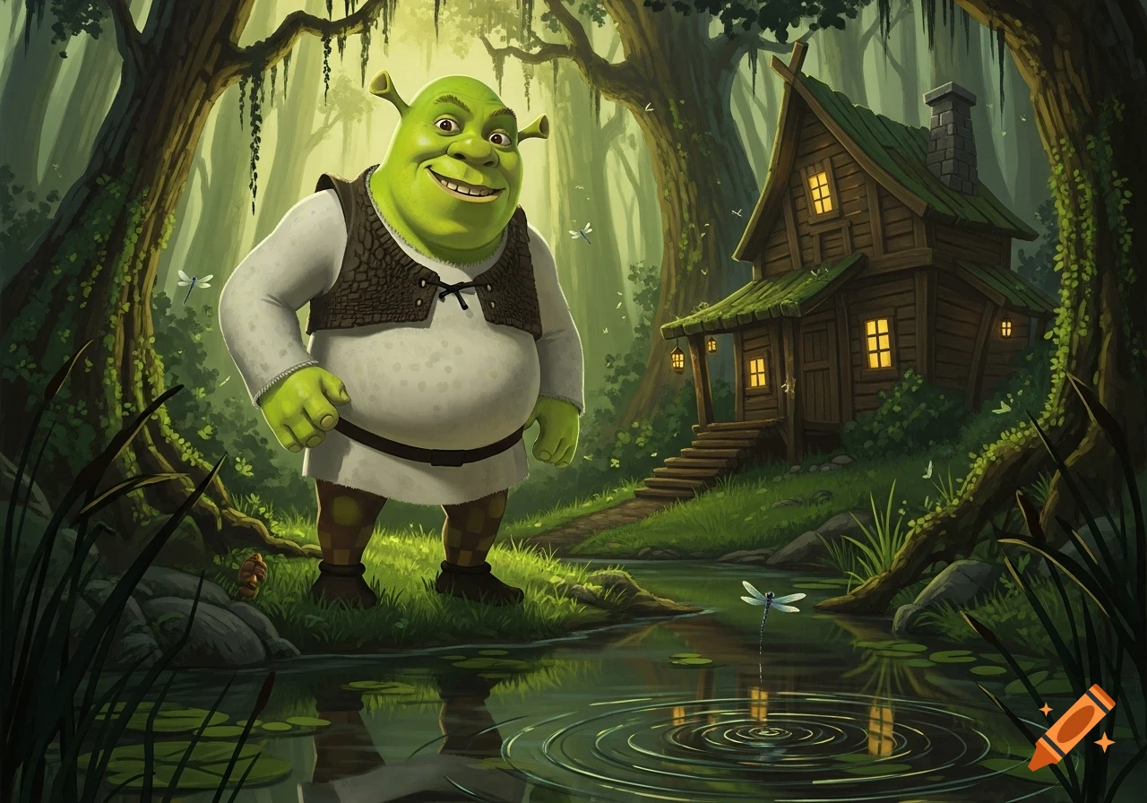 Shrek stands smiling by a pond with ripples, his cabin in a lush, green, misty swamp forest background.
