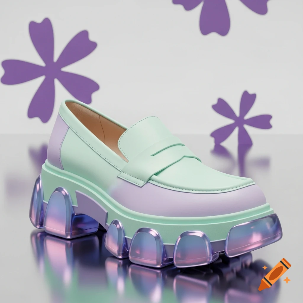 A mint green and lavender loafer with a chunky iridescent purple lug sole sits on a reflective surface with blurred purple flower shapes.