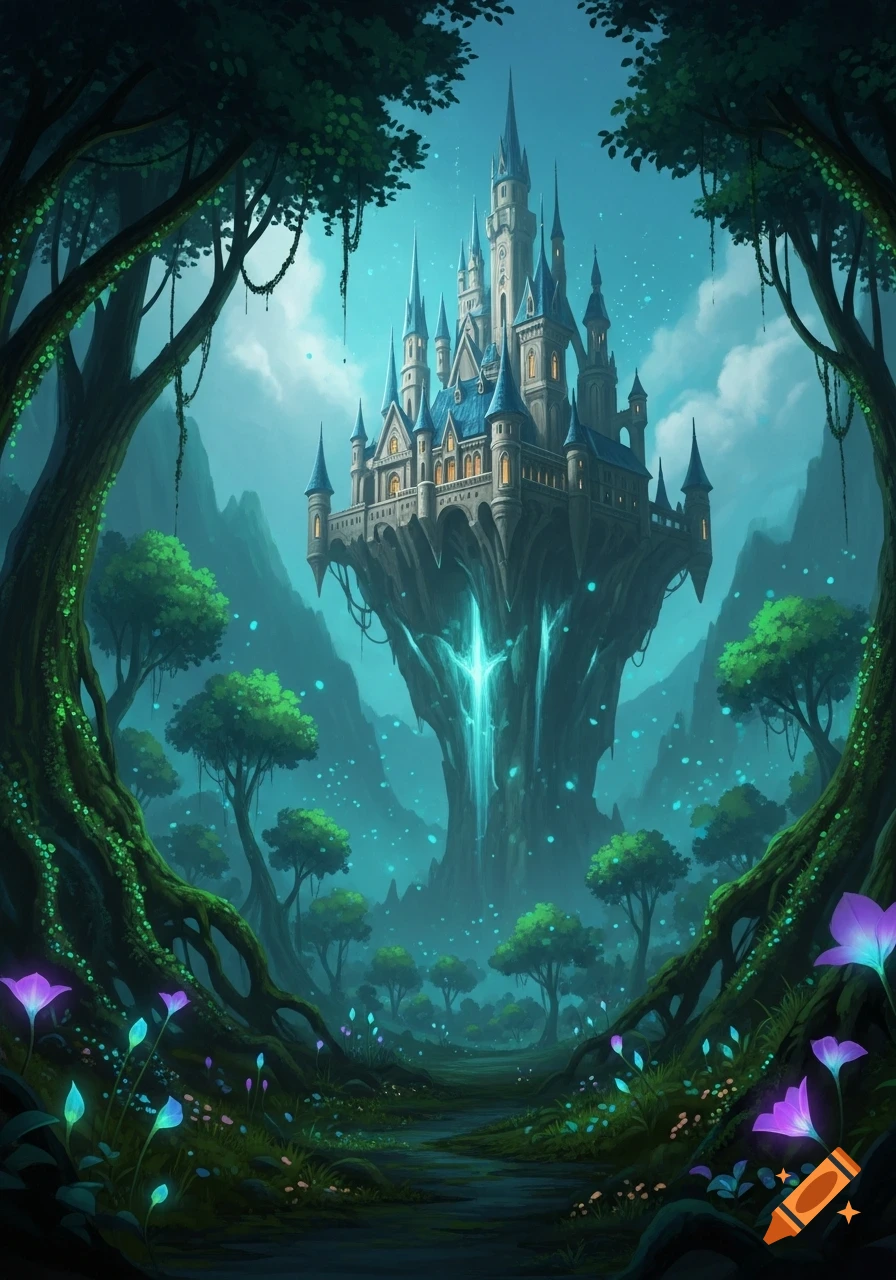 A mystical castle with spires sits atop a floating rock formation, surrounded by a lush, glowing fantasy forest.