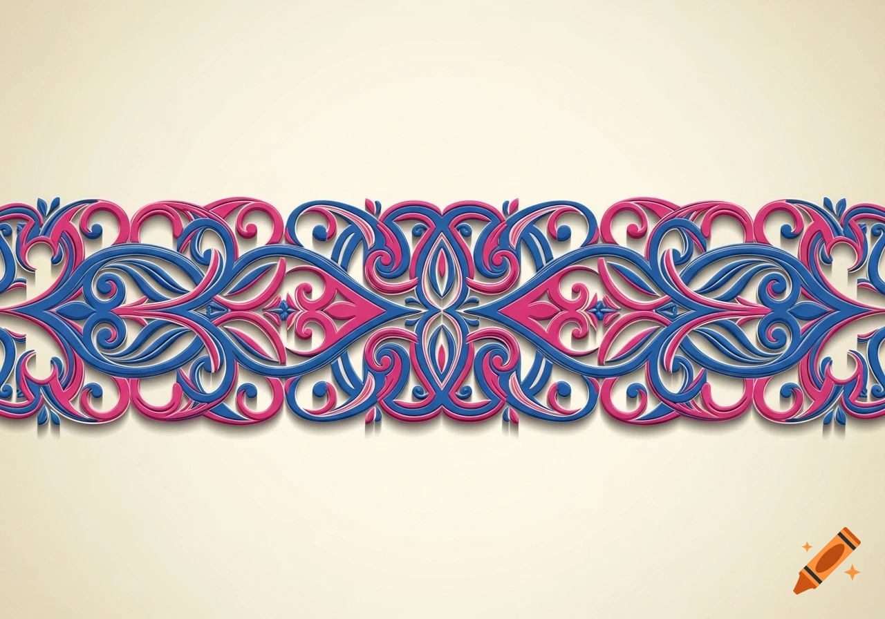 An ornate, symmetrical decorative border featuring intricate pink and blue swirls and patterns against a light background.