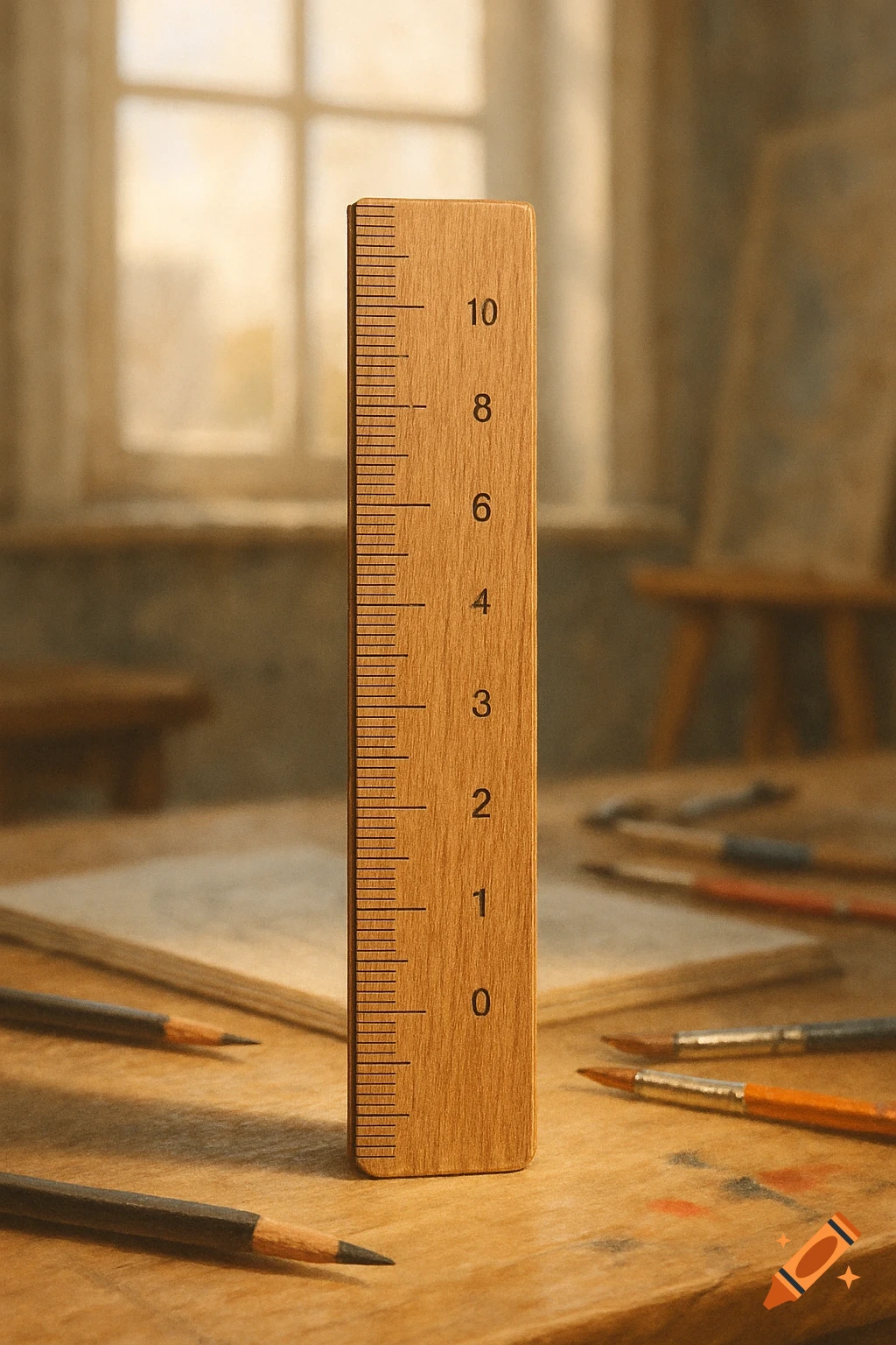A wooden ruler marked 0-10 stands vertically on a wooden desk with pencils and paintbrushes, next to a blurred window. Photorealistic.