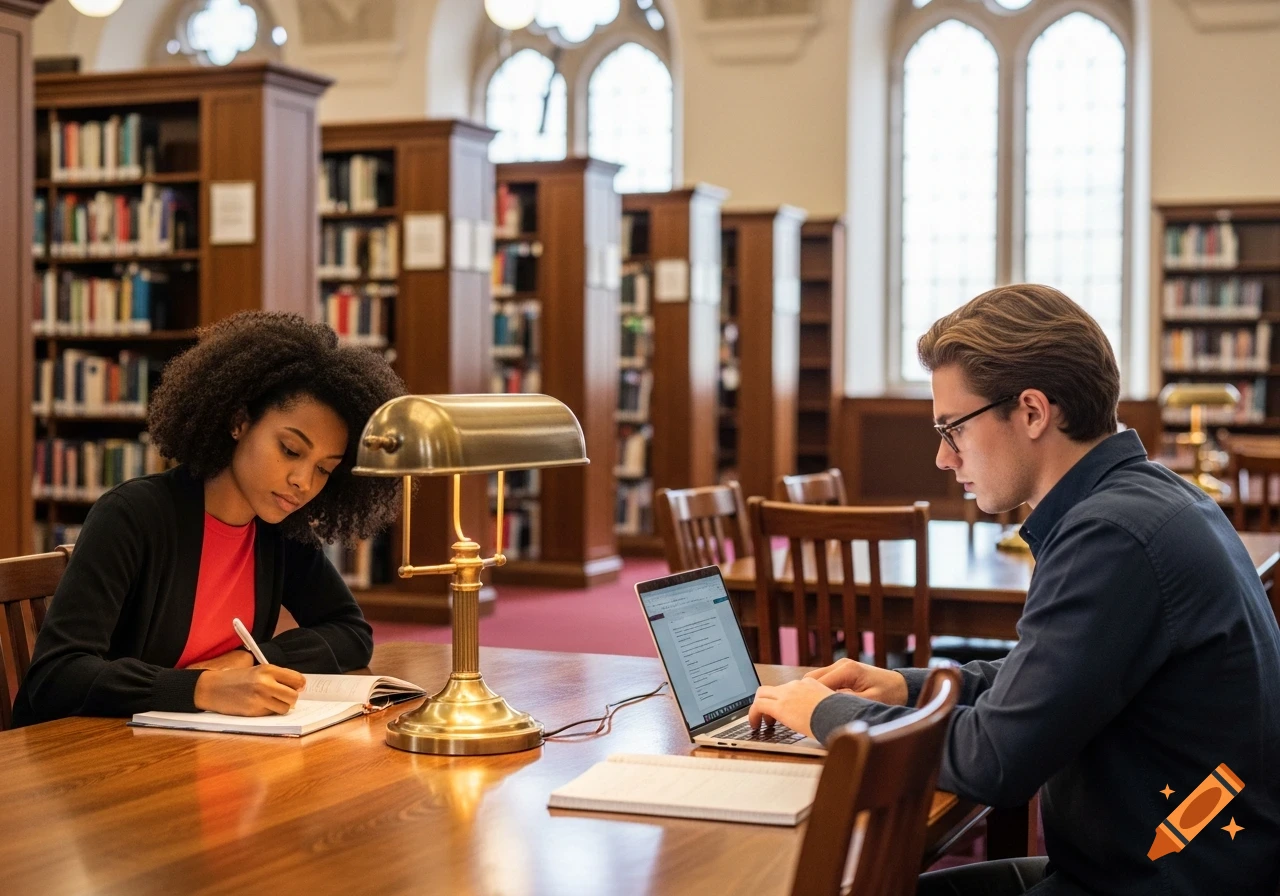 An African American female student writes in a notebook while a white male student types on a laptop in a photorealistic library setting.