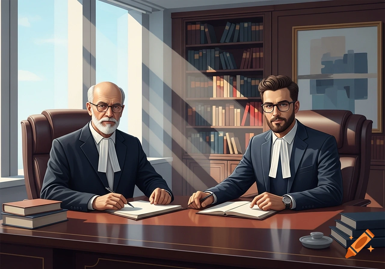 Two male lawyers, one older and one younger, sit at an office desk in stylized digital art.