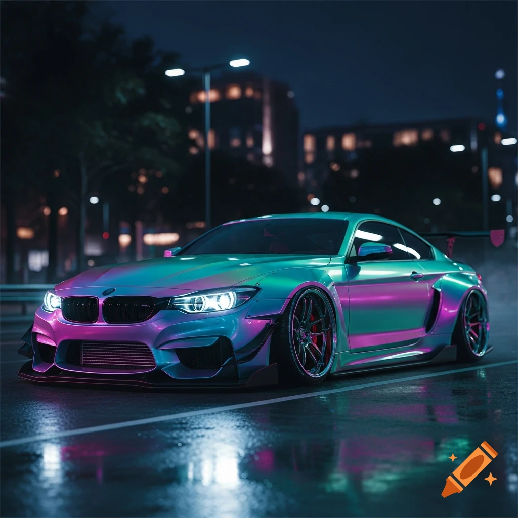 A heavily tuned sports car with iridescent teal and purple paint sits on a wet city street at night, reflecting neon lights.