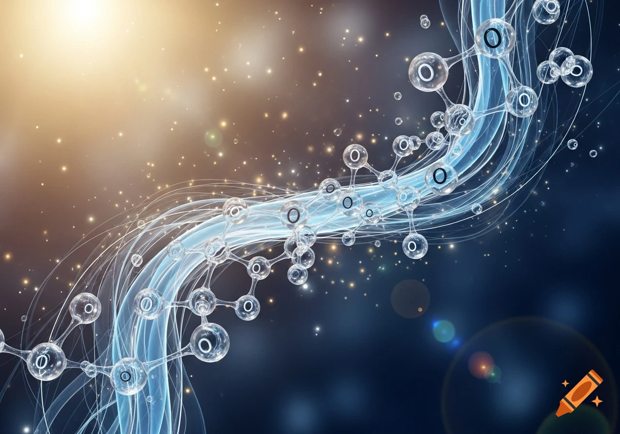 Abstract image of oxygen molecules with 'O' symbols, glowing blue streams, and sparkling particles on a dark, ethereal background.