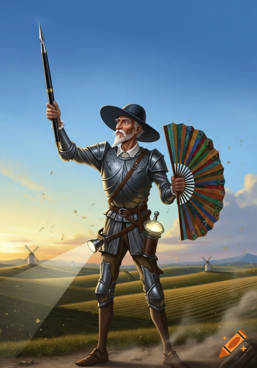 Illustrated Don Quixote in armor, holding a pen-spear and a colorful fan-shield, standing in a field with windmills at sunset.