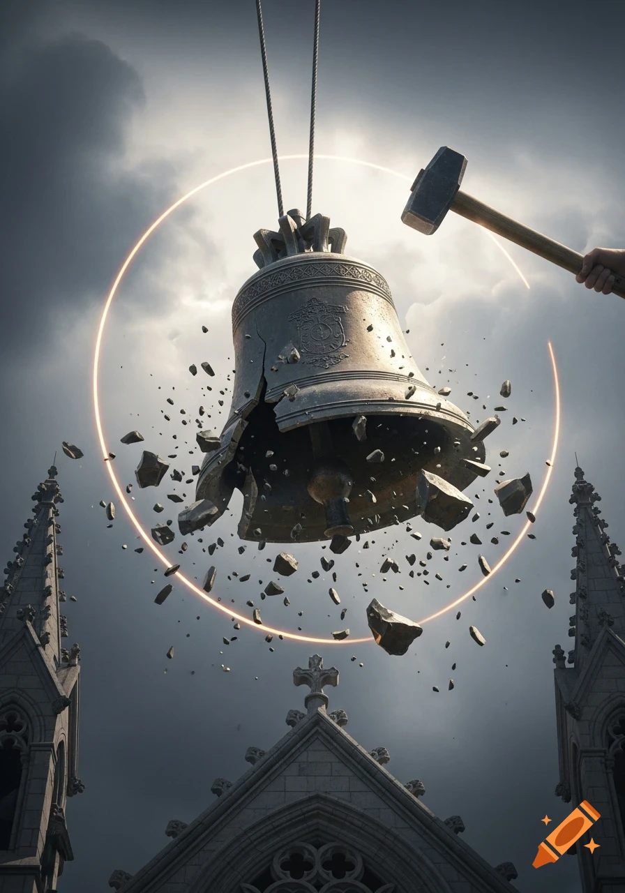 A large bronze church bell shatters under a hammer strike, with debris flying amidst an orange glowing ring above gothic spires.