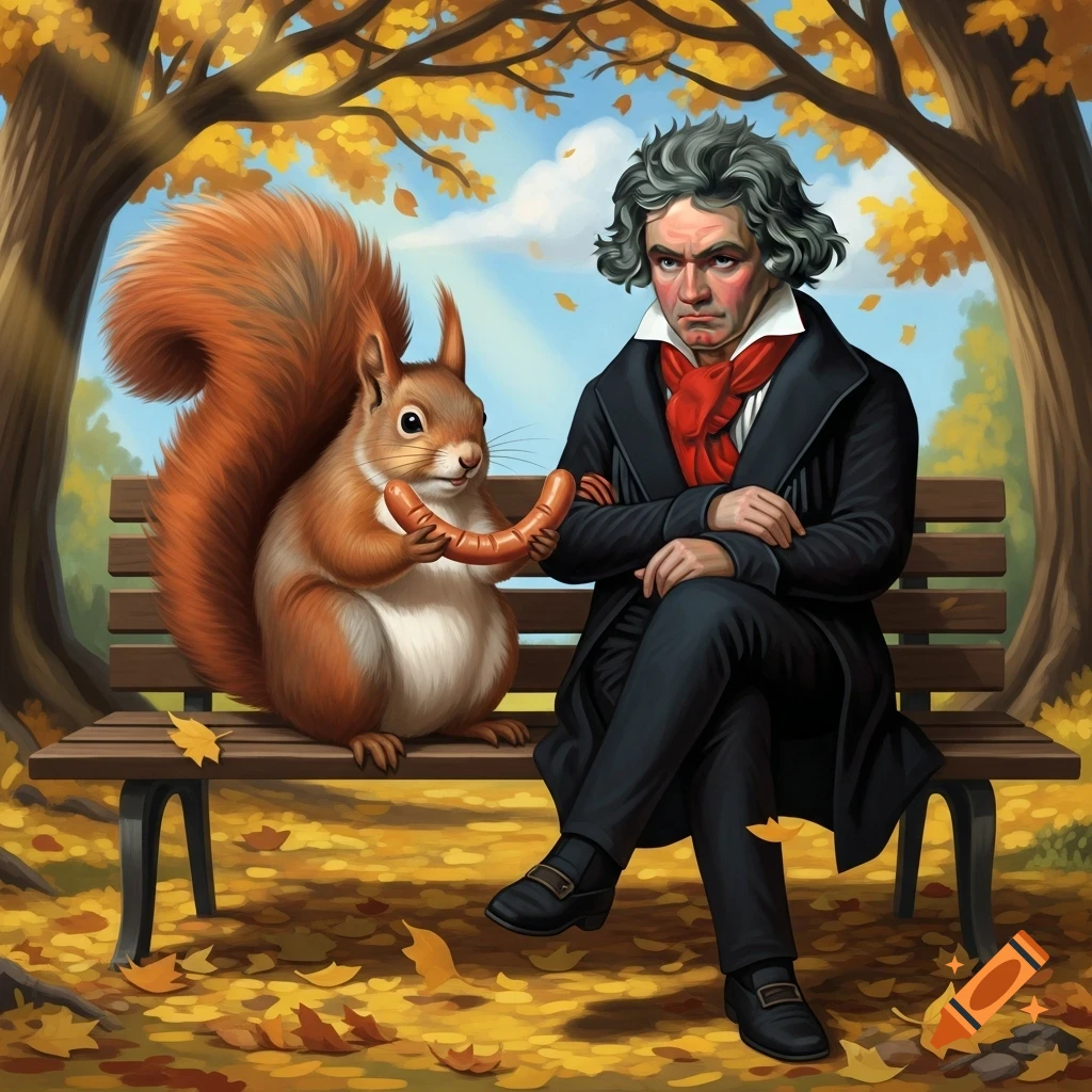 Beethoven sits on a park bench with a large squirrel offering him a sausage, amidst autumn leaves. Illustration.
