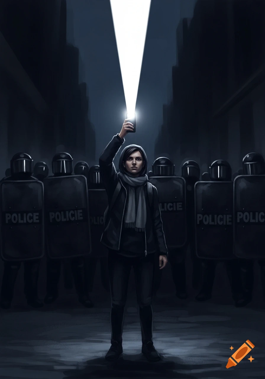 A lone protester lights their face with a phone flashlight, standing defiantly against a line of shadowy riot police.