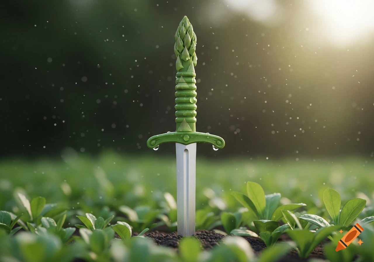 A photorealistic image of a sword with an asparagus handle and pommel sticking out of the ground in a green field with soft sunlight and water droplets.