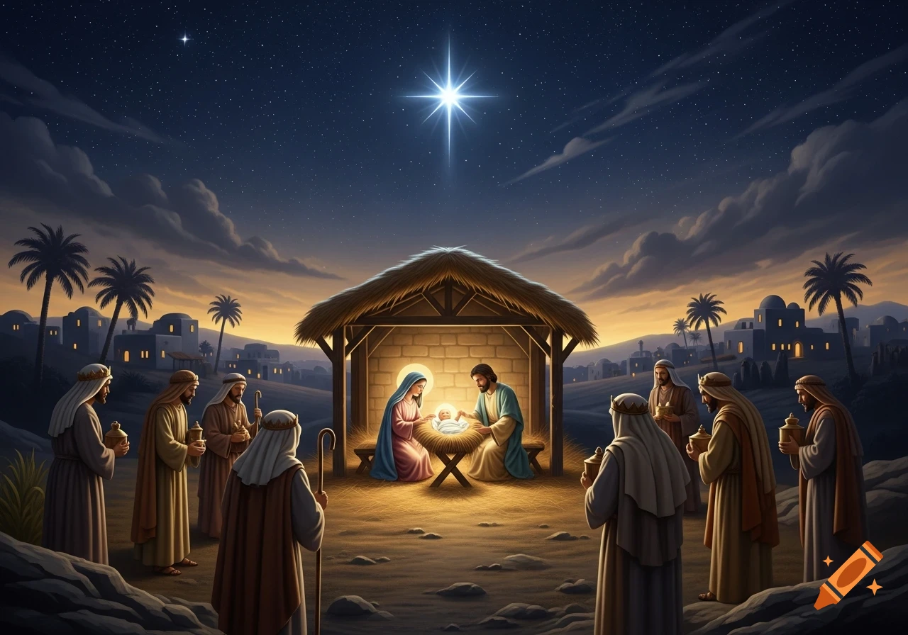 A vibrant illustration of the Nativity scene at night, featuring Mary, Joseph, and baby Jesus in a stable, with onlookers and a bright star above Bethlehem.