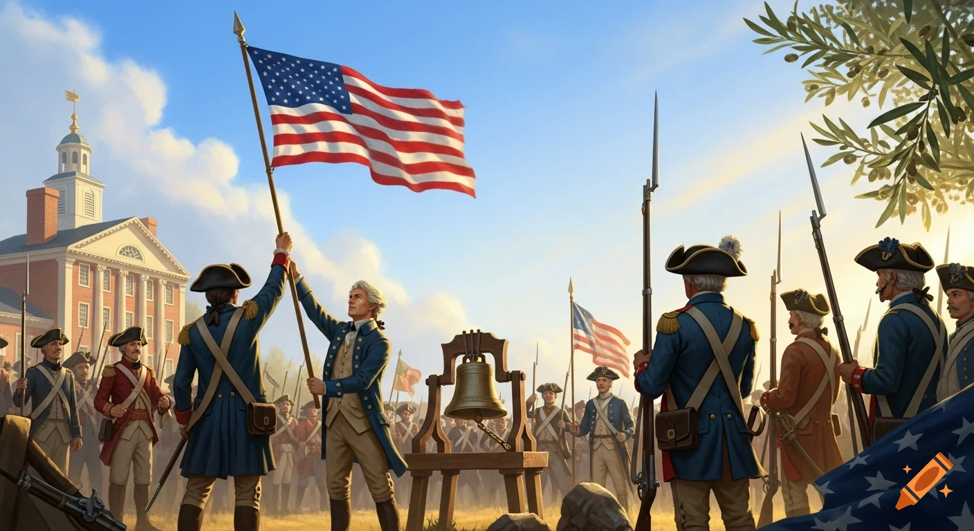 Historical illustration of American Revolutionary soldiers raising a flag, with the Liberty Bell and Independence Hall in the background.