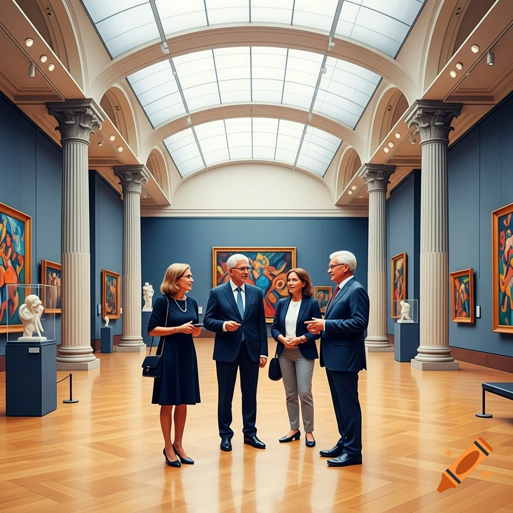 Four people converse in a grand museum gallery with abstract paintings, tall columns, and a vaulted skylight.