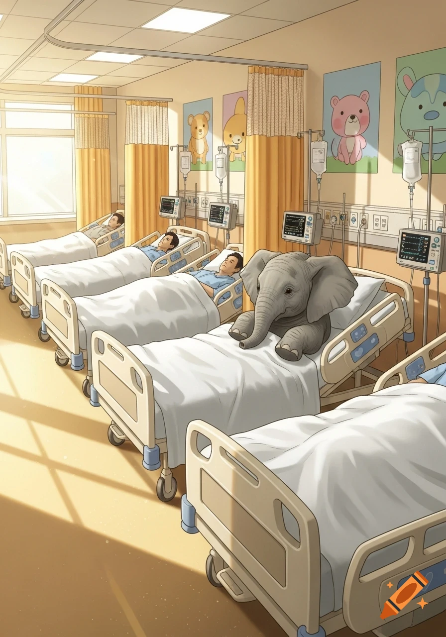 Cartoon illustration of a hospital room with patients in beds and a baby elephant sitting in one bed. Sunlight streams through a window.