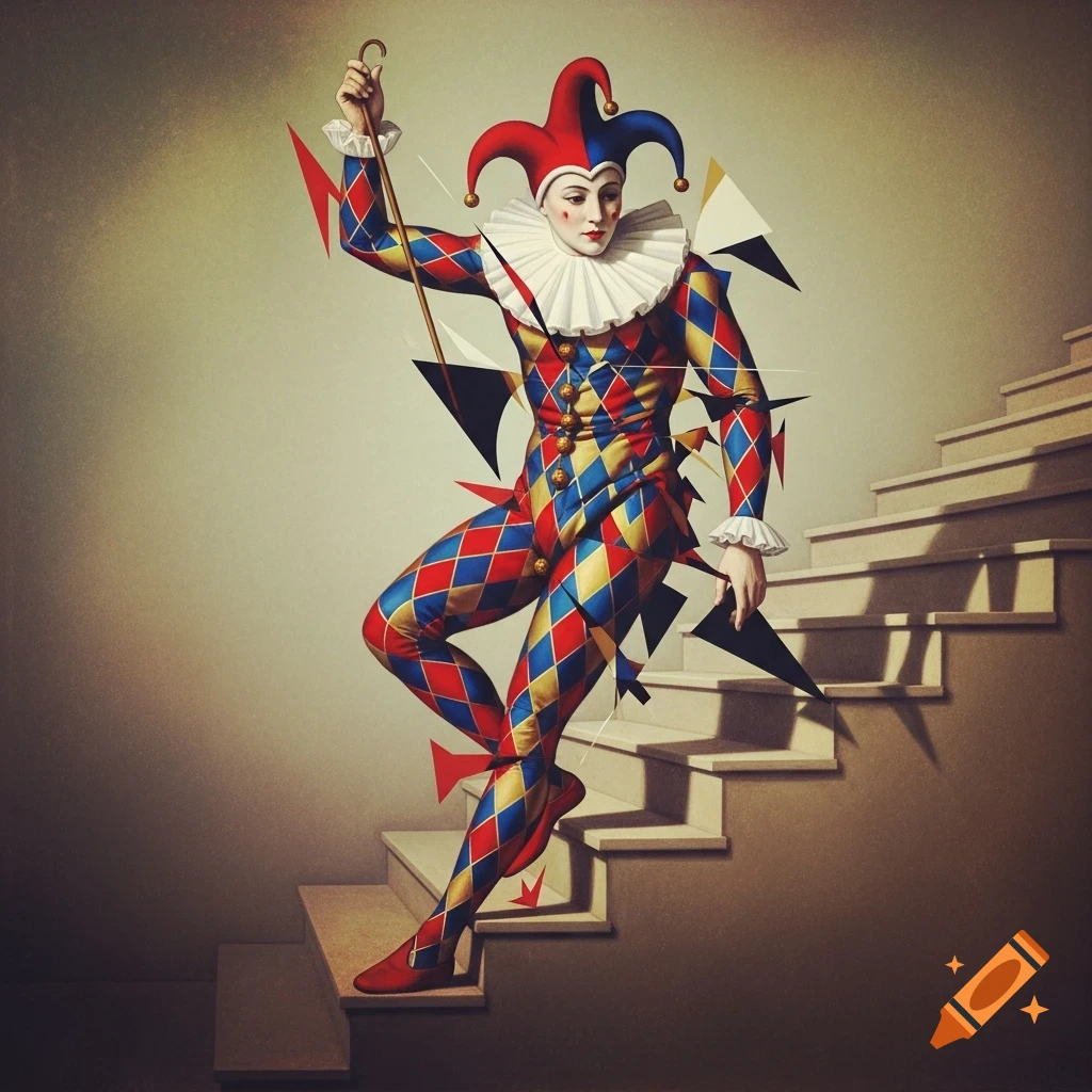 A harlequin-costumed figure with a staff ascends stairs, surrounded by abstract geometric fragments in a Cubist style.