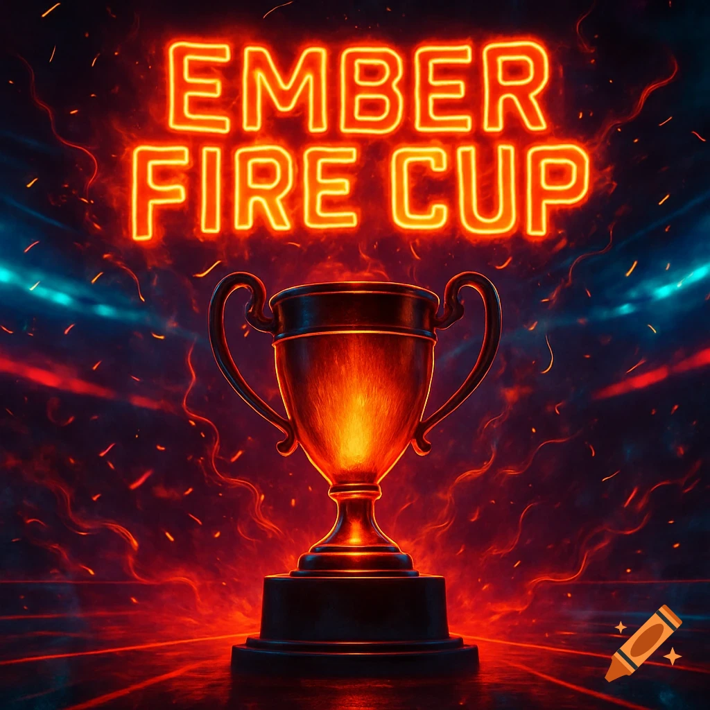 Glowing championship cup on a podium under fiery neon text 'EMBER FIRE CUP' in a cyberpunk arena with sparks.
