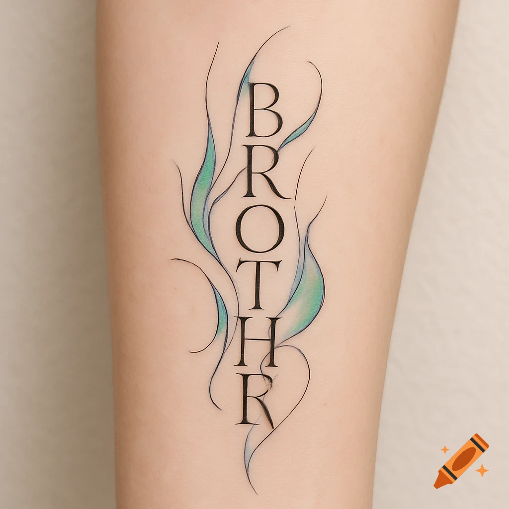 Elegant 'BROTHER' tattoo in black lettering with flowing blue-green abstract aurora borealis design on skin.