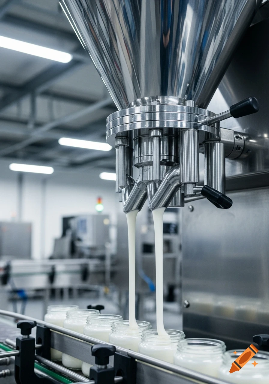 Photorealistic image of a cream filling machine dispensing cream into glass jars on a conveyor belt in a factory.