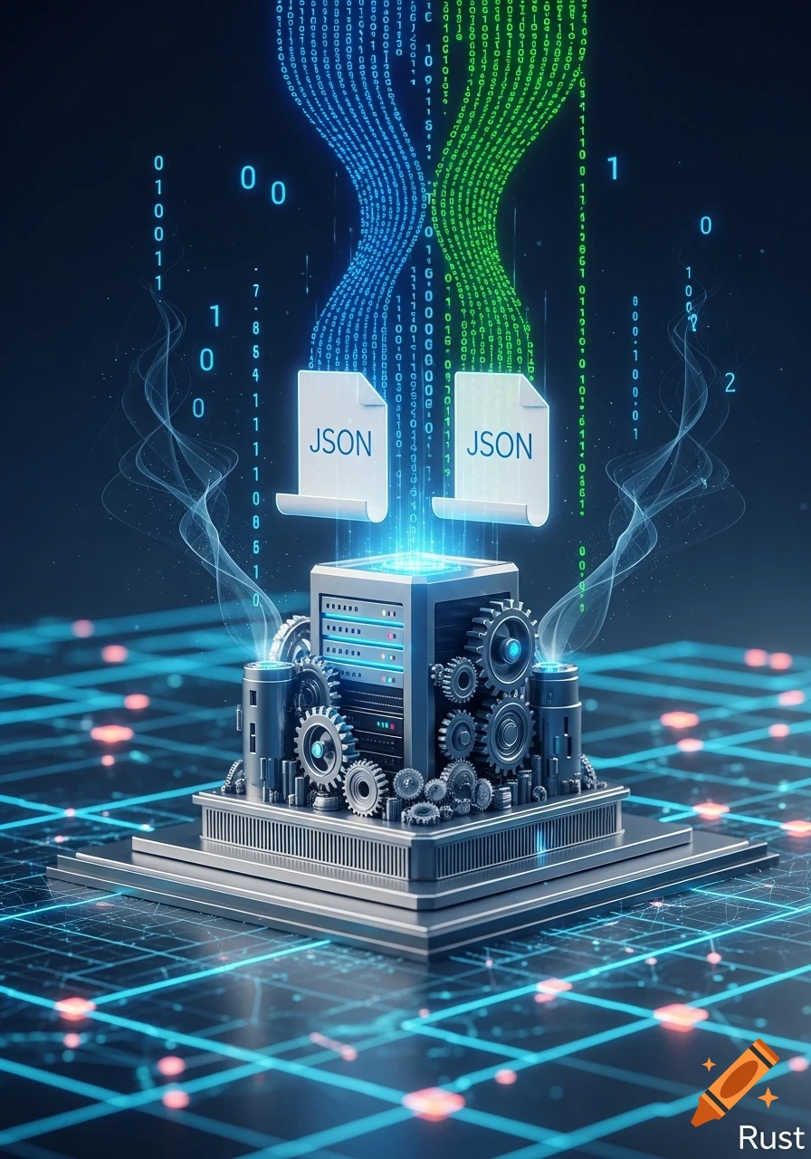 Digital illustration of binary data streams flowing into a central server unit with mechanical gears, symbolizing data processing.