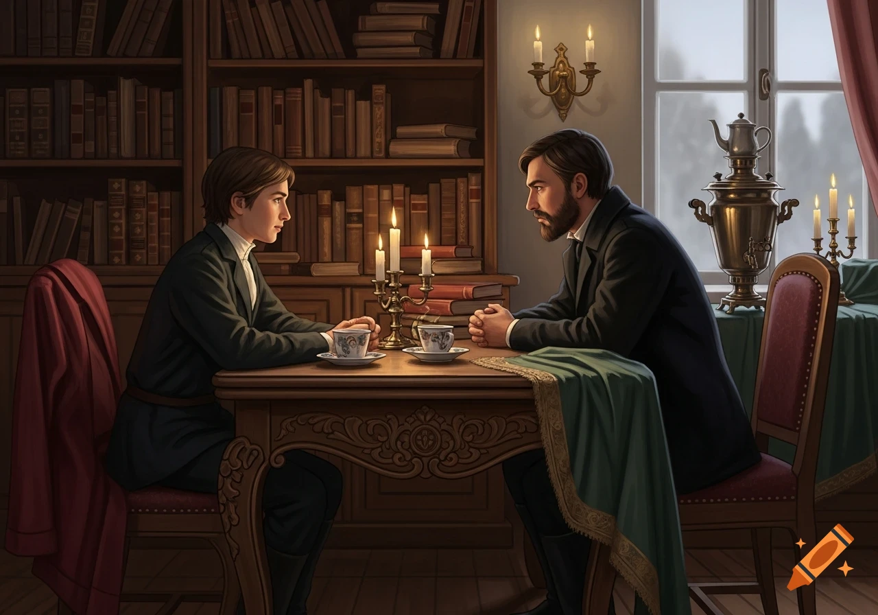 Two men in historical attire sit at a table in a library, having tea, with bookshelves and candles in the background.