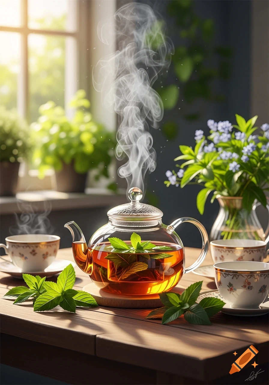 Photorealistic image of a steaming glass teapot with mint tea and teacups on a wooden table by a sunny window with plants.