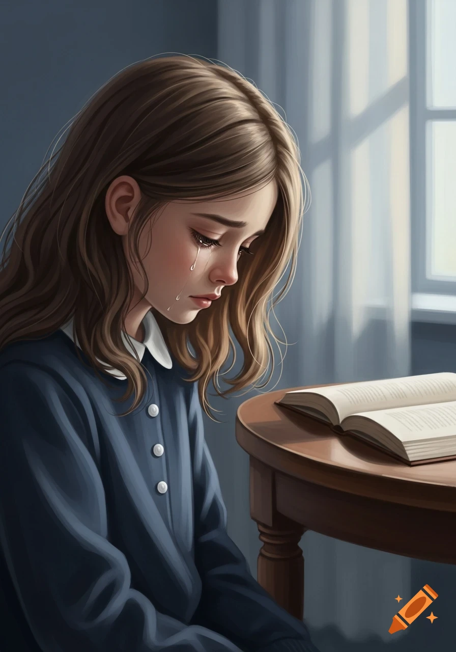 Illustrated young girl with brown hair crying, looking down sadly beside an open book on a table near a window.
