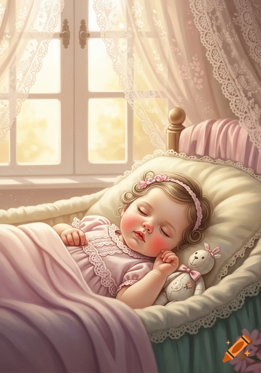 An illustrated baby girl in a pink dress sleeping soundly in a crib beside a sunny window with lace curtains, holding a small teddy bear.