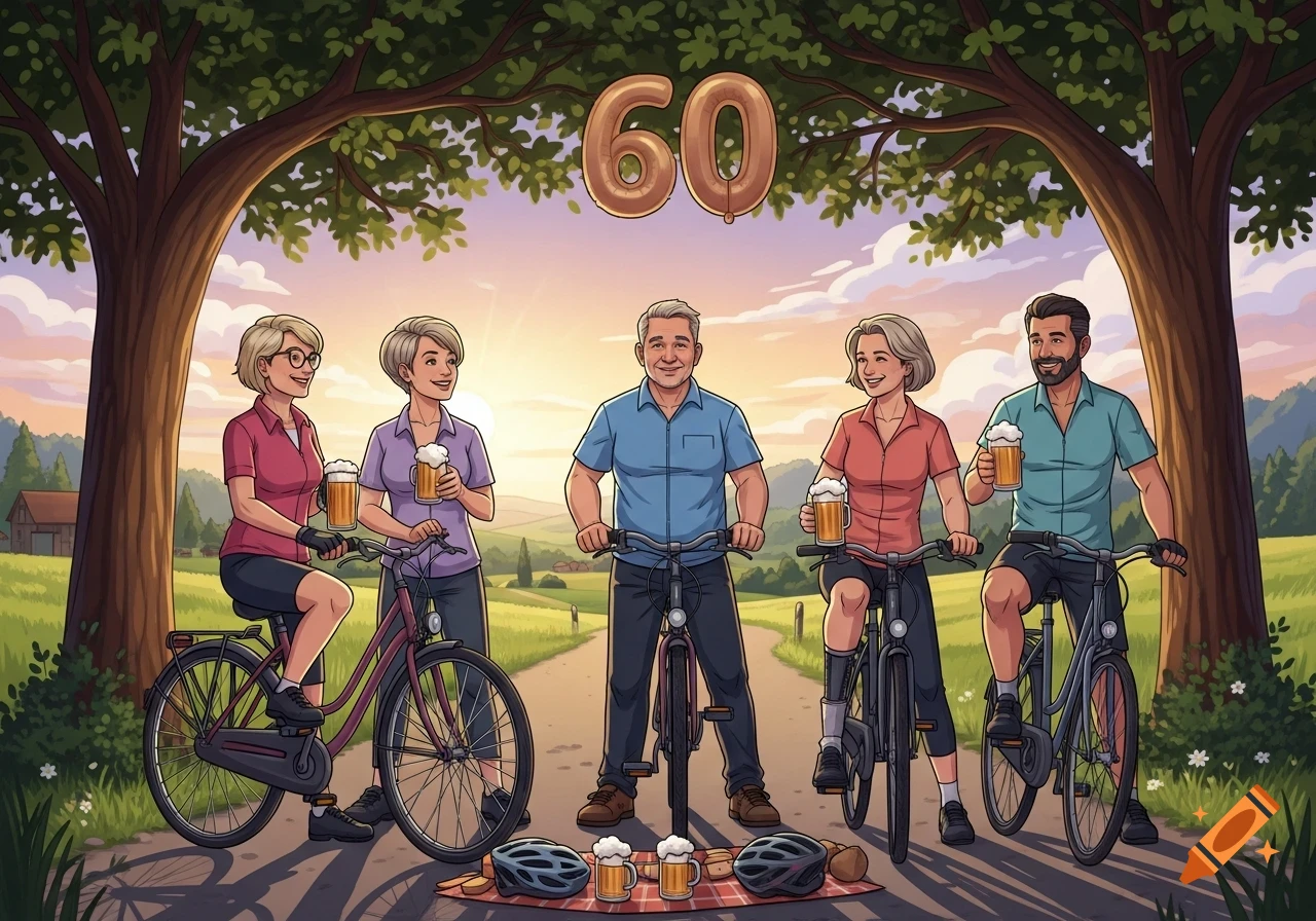 Five friends on a bike tour celebrating a 60th birthday with beers at sunset, cartoon illustration.