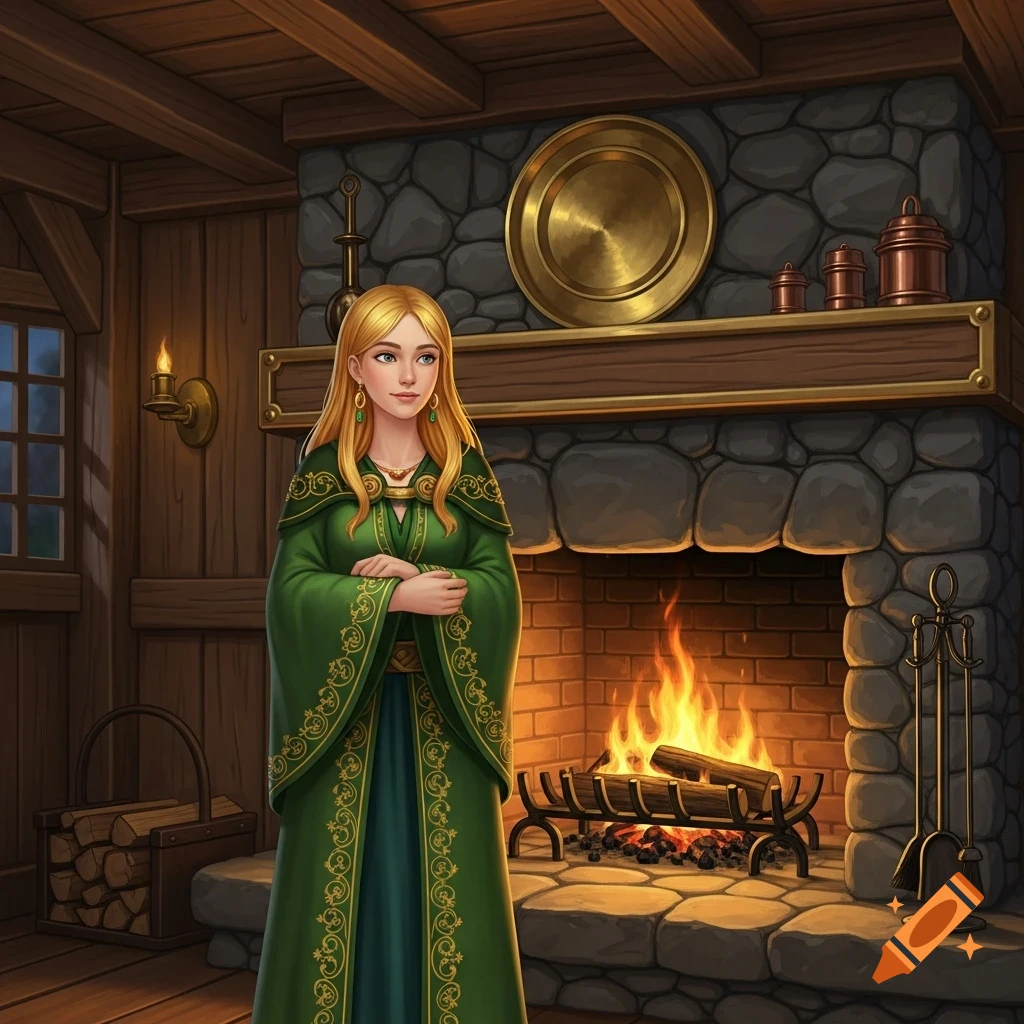 A golden-haired young woman in a green dress with gold ornaments stands in a cozy, rustic cabin hearth room with a fireplace, digital art.