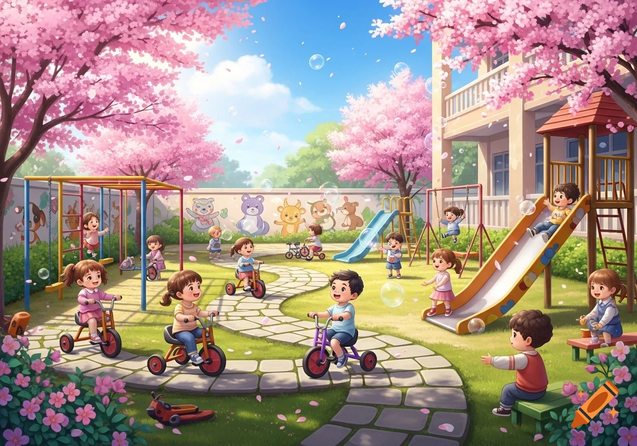 Vibrant illustration of children playing on tricycles and playground equipment in a sunny kindergarten under pink cherry blossom trees.