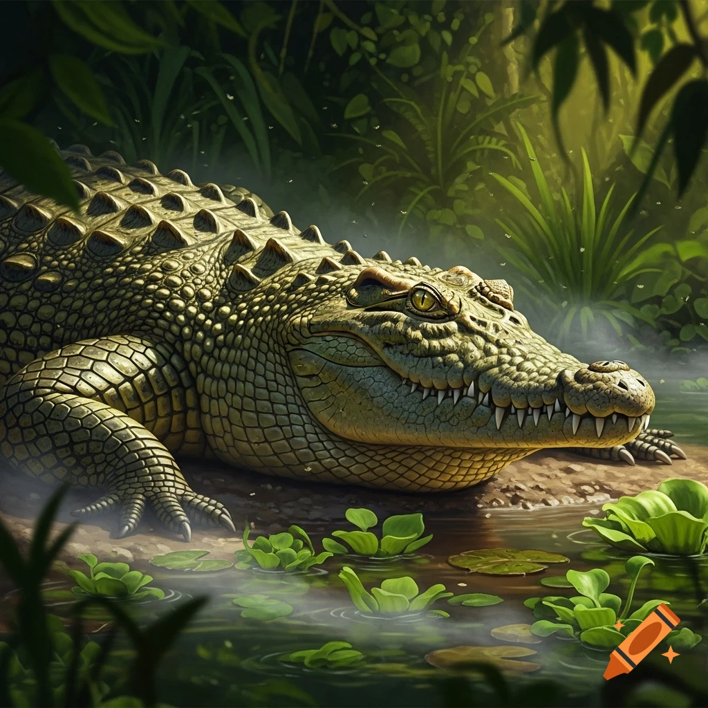 A detailed illustration of a large crocodile resting partially in misty water amidst lush green jungle foliage and lily pads.
