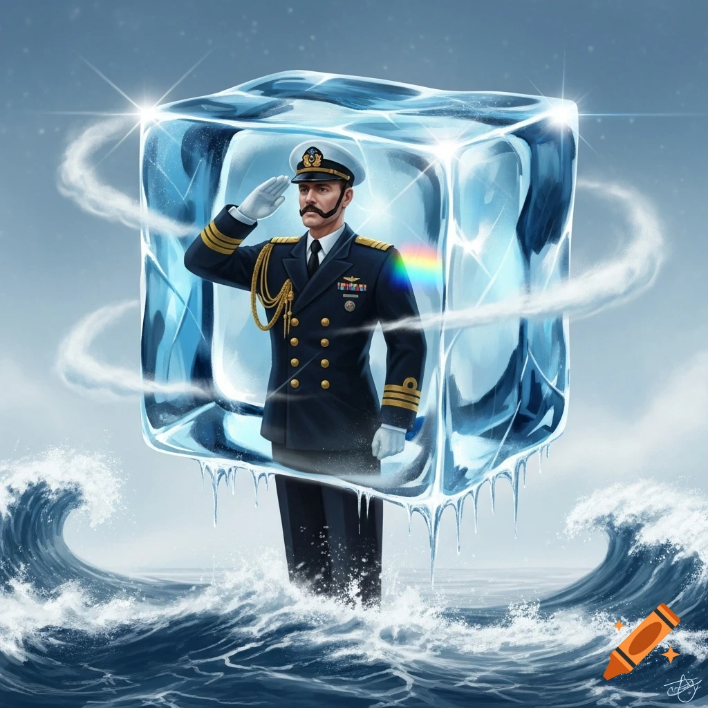 An illustrated image of a navy man in uniform, saluting while frozen inside a large ice cube floating on rough ocean waves.