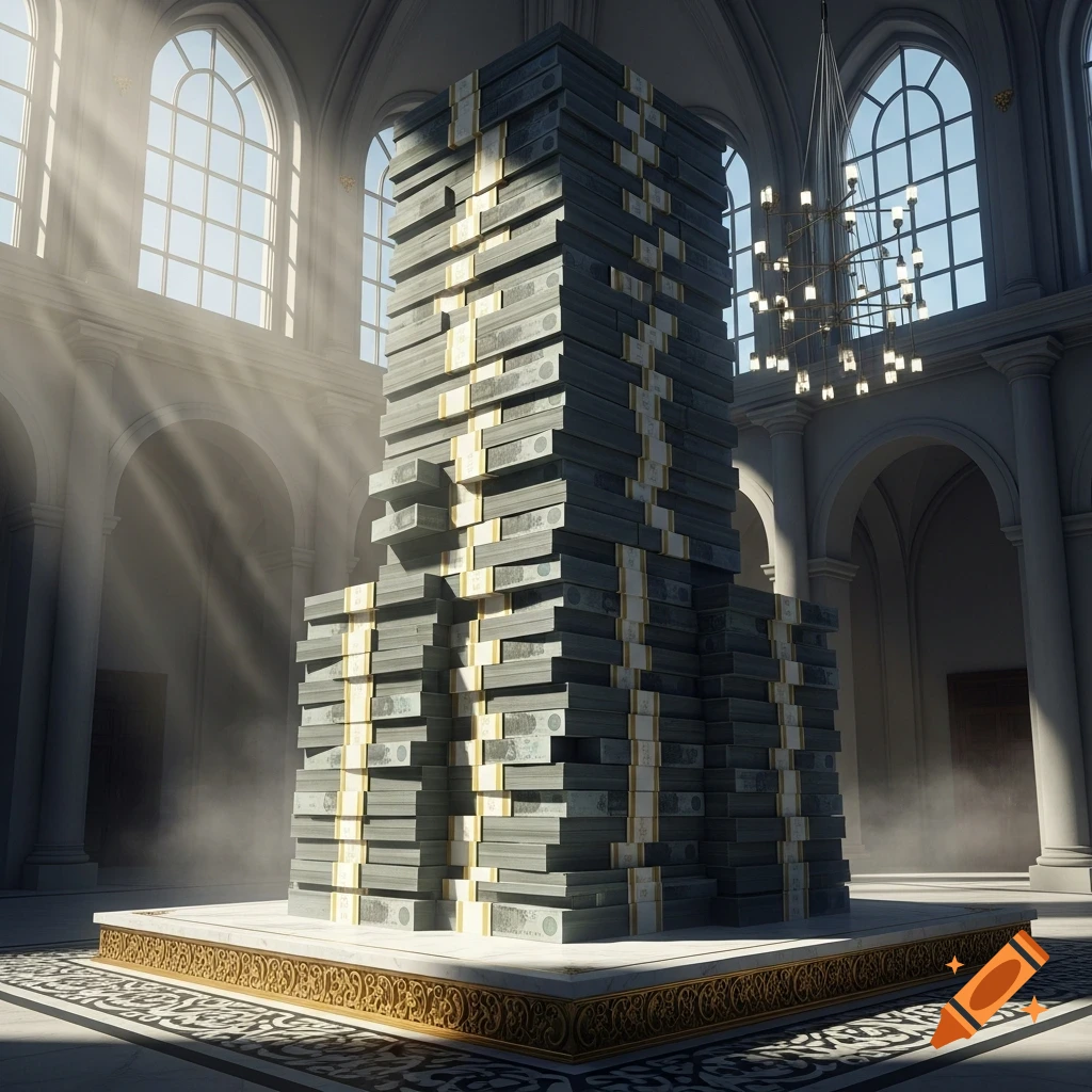 A towering stack of money bundles on a gold-trimmed platform in a grand, sunlit hall with large arched windows.