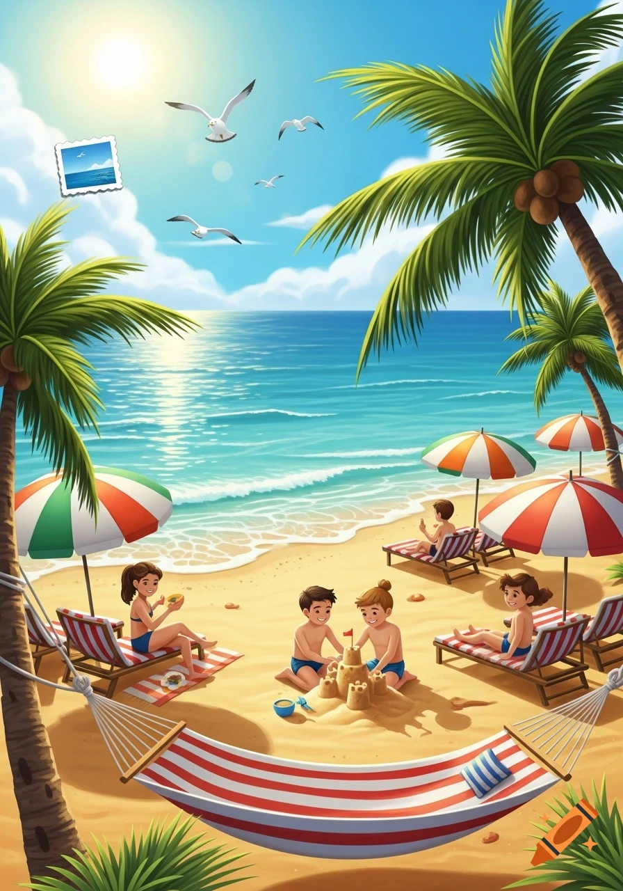A vibrant illustration of a family vacationing on a sunny beach with palm trees, blue ocean, and kids building sandcastles.