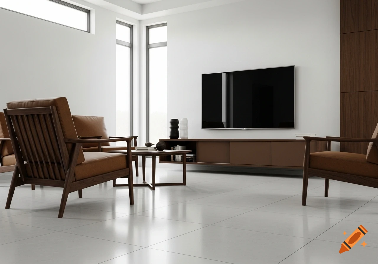 A modern living room with light grey tiled floor, white walls, dark brown wooden furniture, and a black TV.