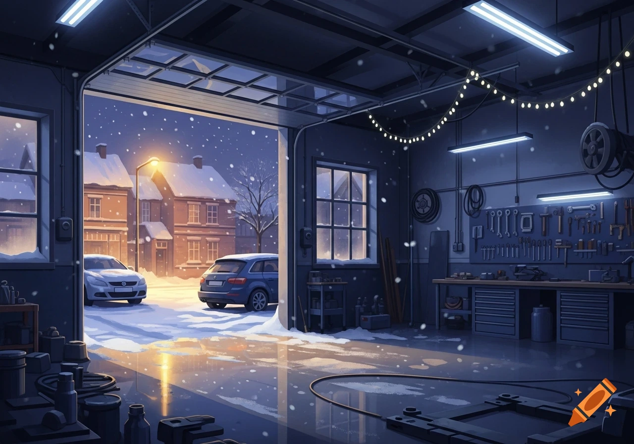Illustrated car garage interior looking out onto a snowy street with cars and houses, decorated with string lights.
