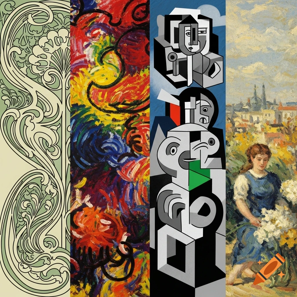 A vertical collage showcasing four distinct modern art styles: Art Nouveau, Expressionism, Cubism, and Impressionism.